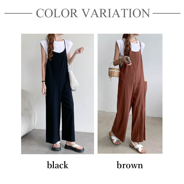 リリーオブバリー Lily of Valley カジュアル オールインワン リネン ロング キャミソール ゆったり フレア 上品 ワイド (BK) BK