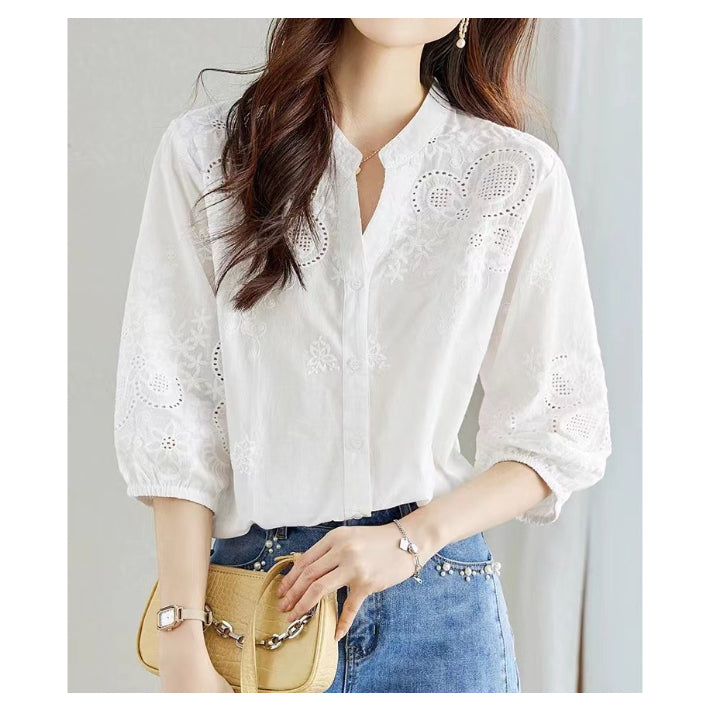 リリーオブバリー Lily of Valley パッチワークレース スキッパー シャツ 七分袖 トップス カジュアル レース 刺繍 襟無し (WT) WT