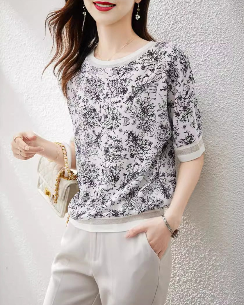 リリーオブバリー Lily of Valley 花柄 シフォン Tシャツ 半袖 トップス カジュアル カットソー モノトーン 上品 清楚 (1) 1