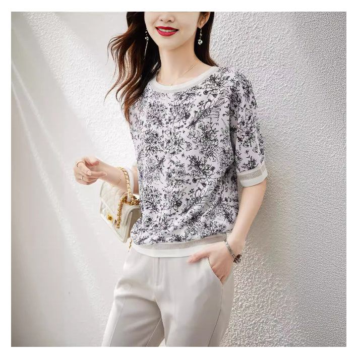 リリーオブバリー Lily of Valley 花柄 シフォン Tシャツ 半袖 トップス カジュアル カットソー モノトーン 上品 清楚 (1) 1