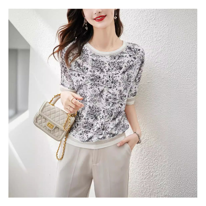 リリーオブバリー Lily of Valley 花柄 シフォン Tシャツ 半袖 トップス カジュアル カットソー モノトーン 上品 清楚 (1) 1