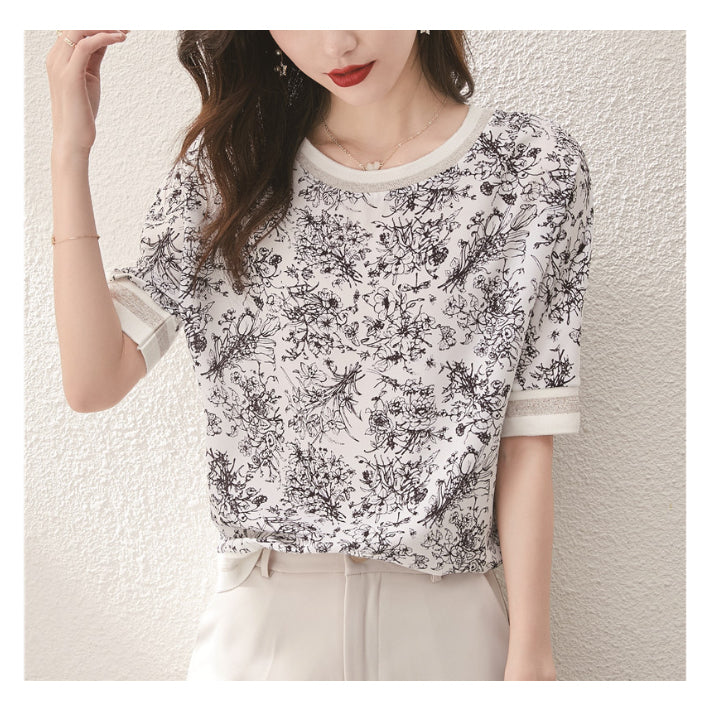 リリーオブバリー Lily of Valley 花柄 シフォン Tシャツ 半袖 トップス カジュアル カットソー モノトーン 上品 清楚 (1) 1