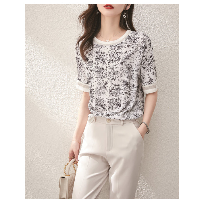 リリーオブバリー Lily of Valley 花柄 シフォン Tシャツ 半袖 トップス カジュアル カットソー モノトーン 上品 清楚 (1) 1