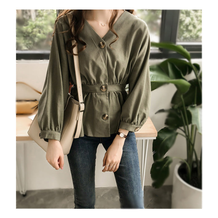 リリーオブバリー Lily of Valley ウエストゴム ペプラム チュニック 長袖 Vネック きれいめ カジュアル 清楚 上品 韓国 (BK) BK