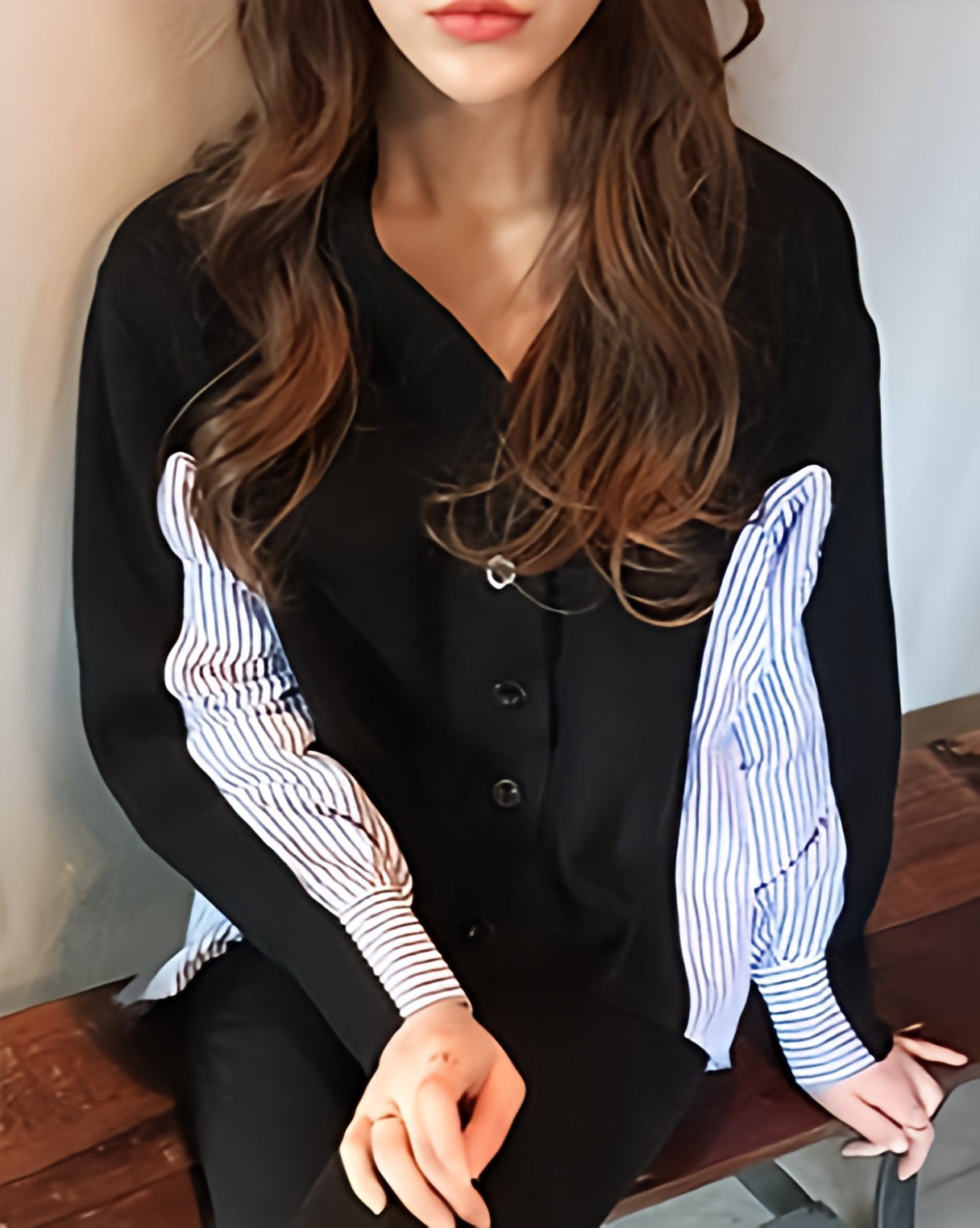 Lily of Valley Valley 的條紋襯衫拼接針織開衫 女士上衣 長袖 寬鬆