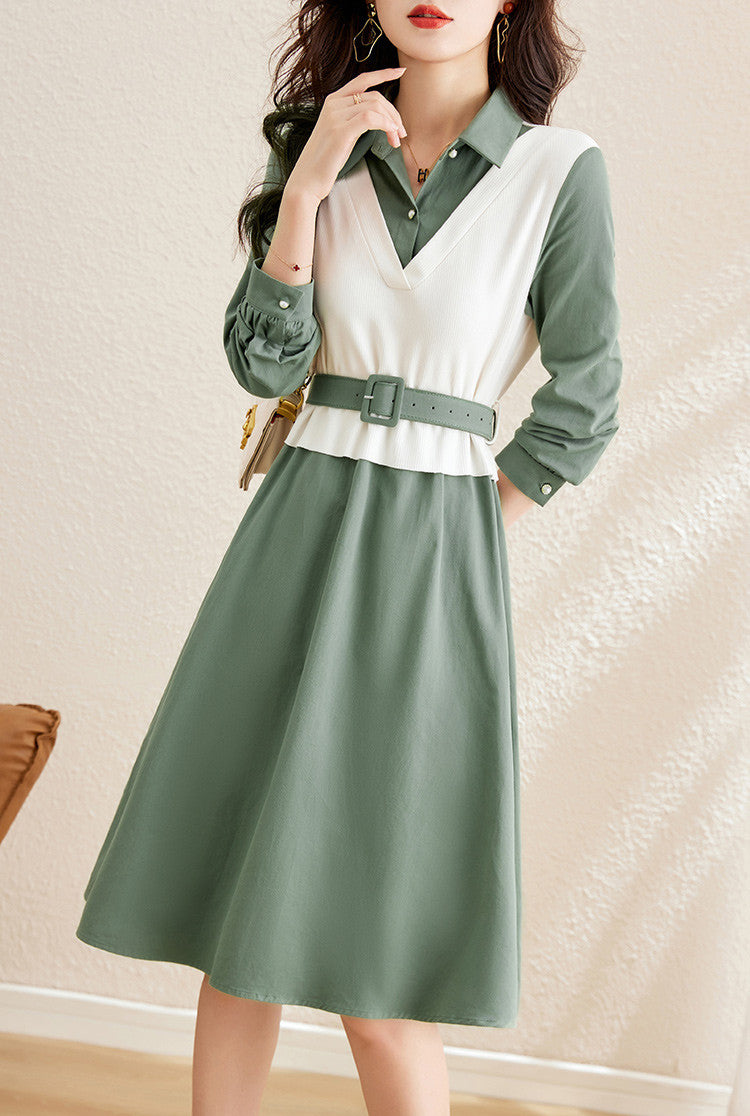 Lily of Valley Knit Vest Docking Long Shirt Dress Long Sleeve Flare La Lily of Valley Knit Vest Docking Long Shirt Dress Long Sleeve Flare La