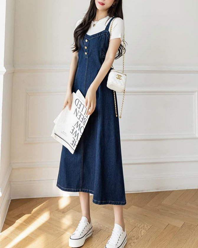 Lily of Valley Denim Camisole Long Dress Flare High Waist Elegant Casual Refined Pure
