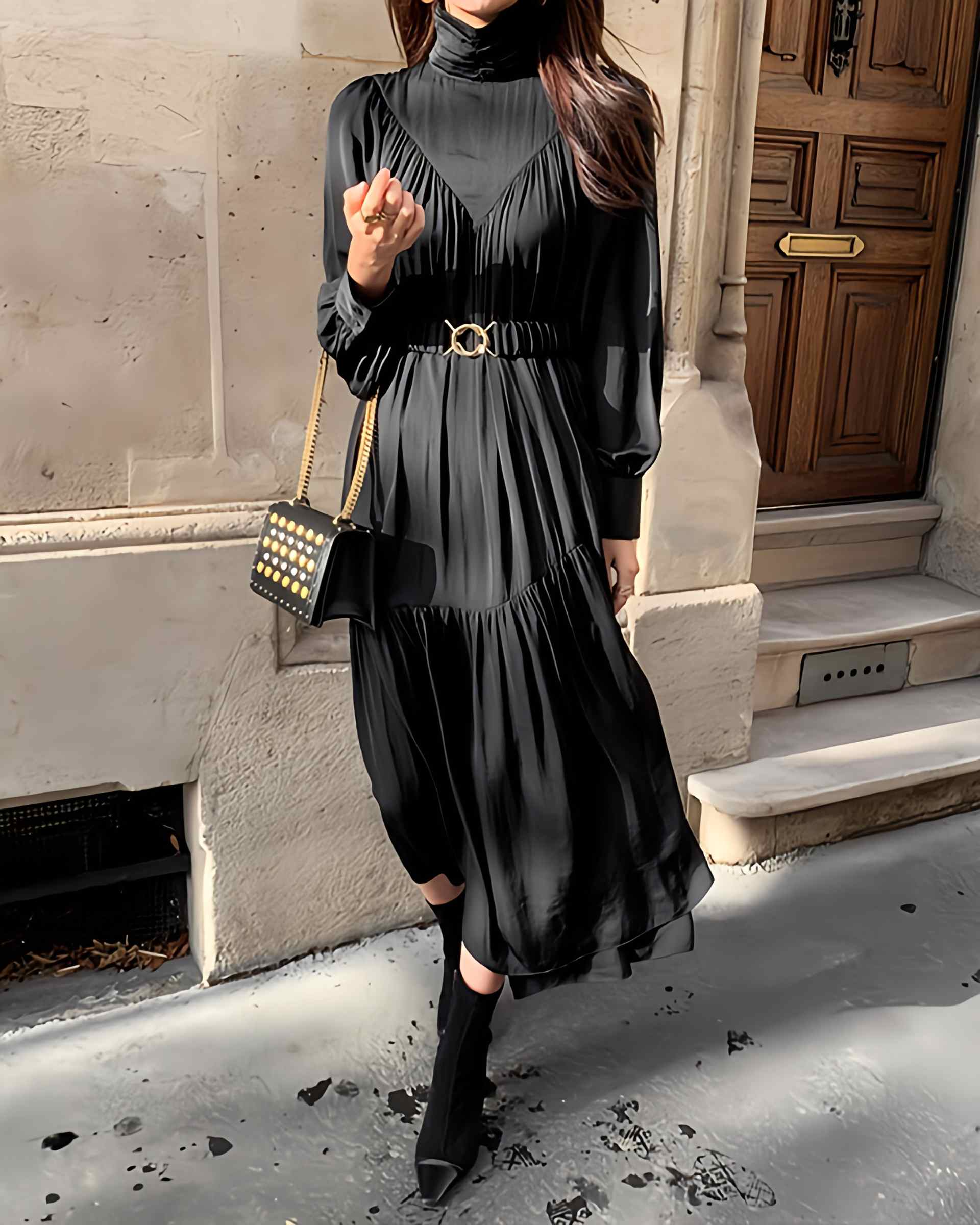 Lily of Valley High Neck Gather Tiered Long Dress Casual Long Sleeve Adult Cute Elegant