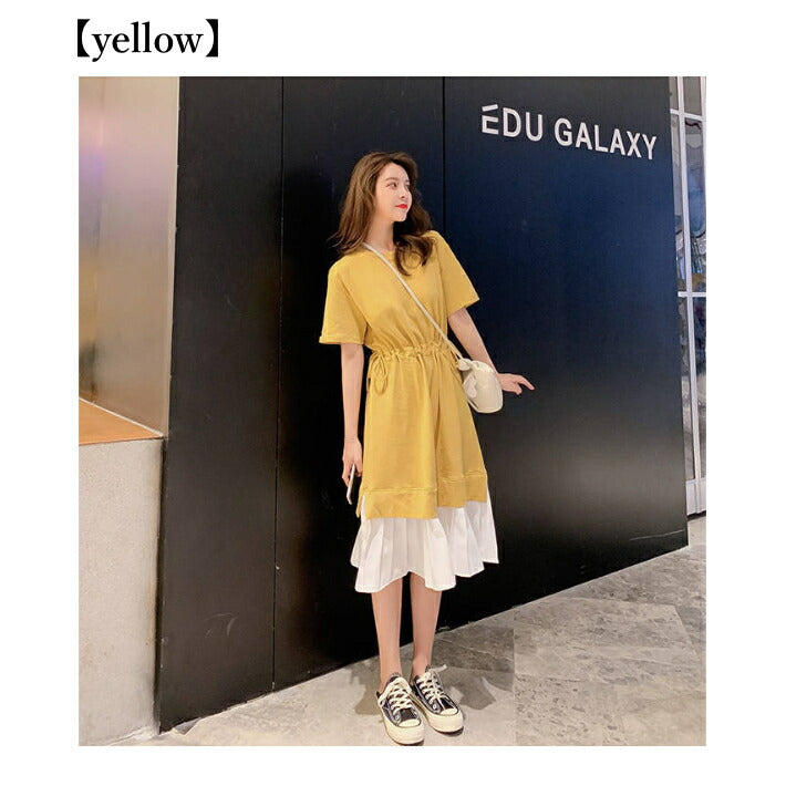 Lily of Valley 百褶對接雙色短袖連身裙優雅成人可愛小腿長度休閒