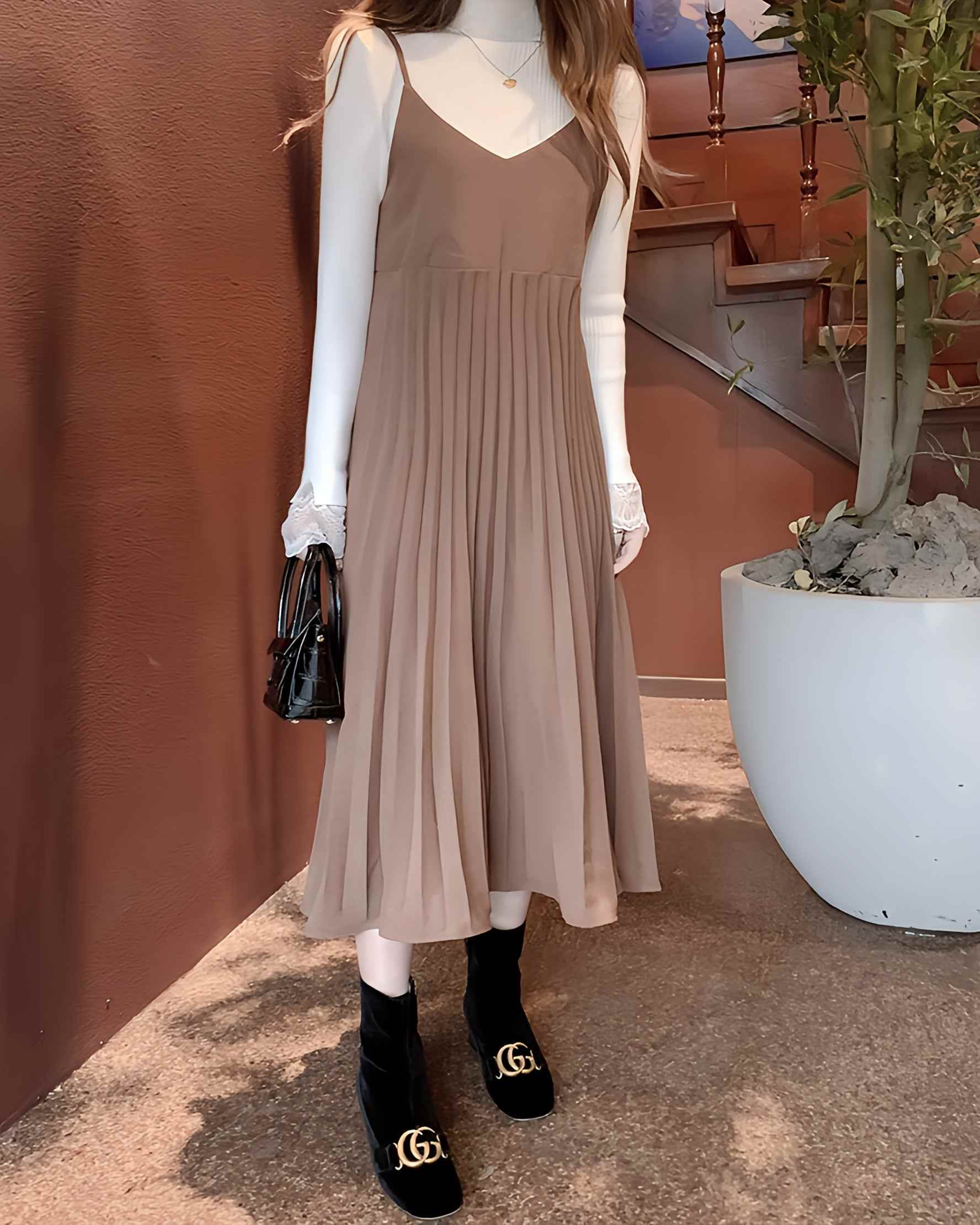 Lily of Valley Pleated Long Camisole Dress Midi Length Casual Elegant Stylish Women's
