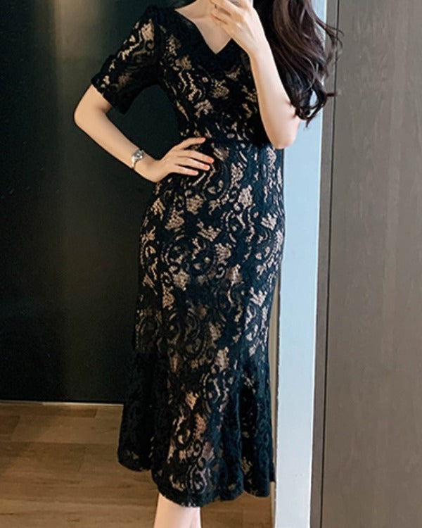 リリーオブバリー Lily of Valley 総レース マーメイド ドレス ワンピース ミディアム丈 結婚式 二次会 清楚 上品 きれいめ,BK