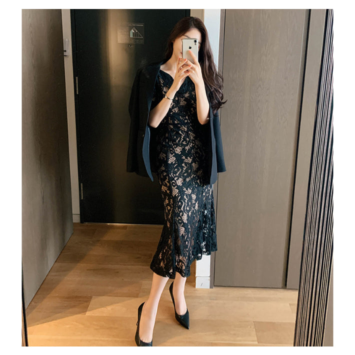 リリーオブバリー Lily of Valley 総レース マーメイド ドレス ワンピース ミディアム丈 結婚式 二次会 清楚 上品 きれいめ (BK) BK