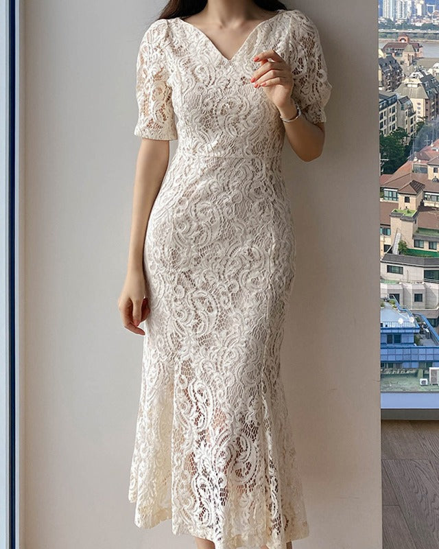 リリーオブバリー Lily of Valley 総レース マーメイド ドレス ワンピース ミディアム丈 結婚式 二次会 清楚 上品 きれいめ (BK) BK