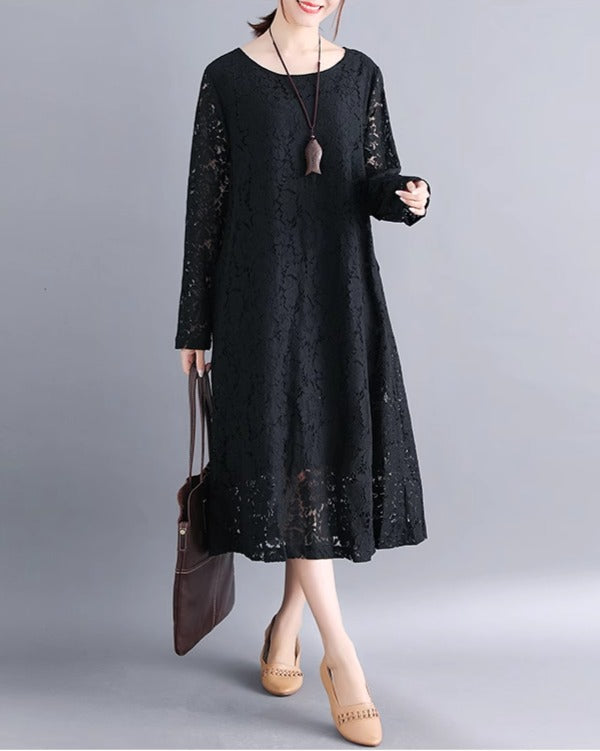 Lily of Valley Total Lace Long Sleeve Flare One-Piece Midi Length Round Neck Elegant Neat Invitation Pure Lily of Valley Total Lace Long Sleeve Flare One-Piece Midi Length Round Neck Elegant Neat Invitation Pure