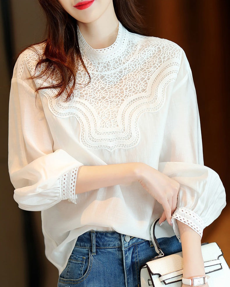 Lily of Valley High Neck Cutwork Lace Embroidery Blouse Women's Tops L