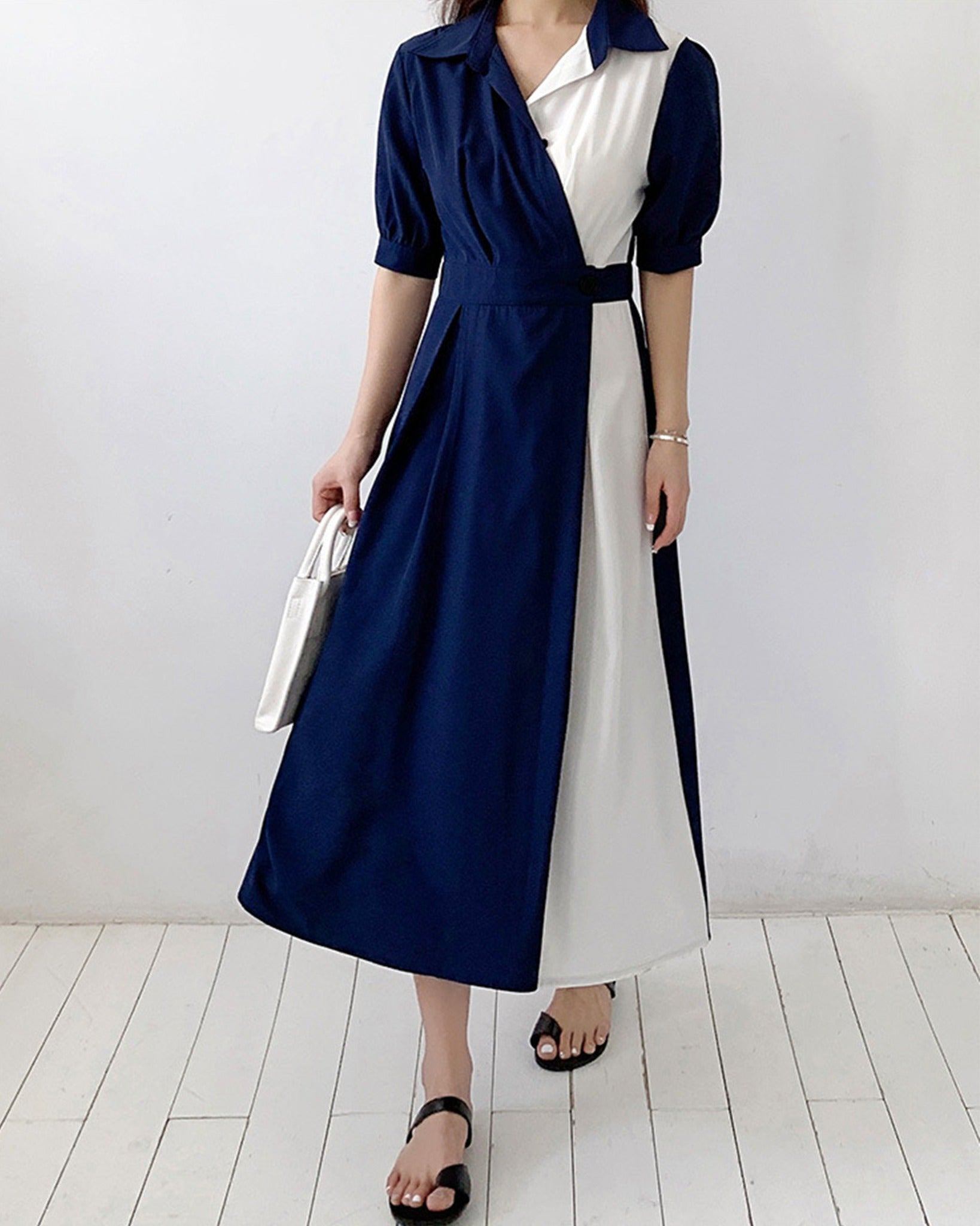 Lily of Valley Midi Length Two-Tone Dress Short Sleeve Shirt Elegant Smart Casual for Invitations Office Casual Lily of Valley Midi Length Two-Tone Dress Short Sleeve Shirt Elegant Smart Casual for Invitations Office Casual