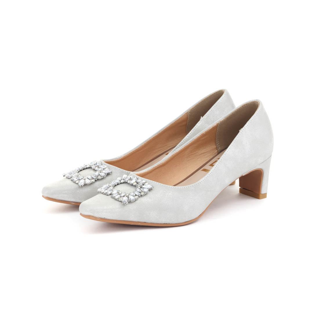 レナ Lena レディース パンプス ビジューパンプス 5cm ヒール スクエアトゥ 歩きやすい 疲れにくい 結婚式 3145 (シルバー) シルバー