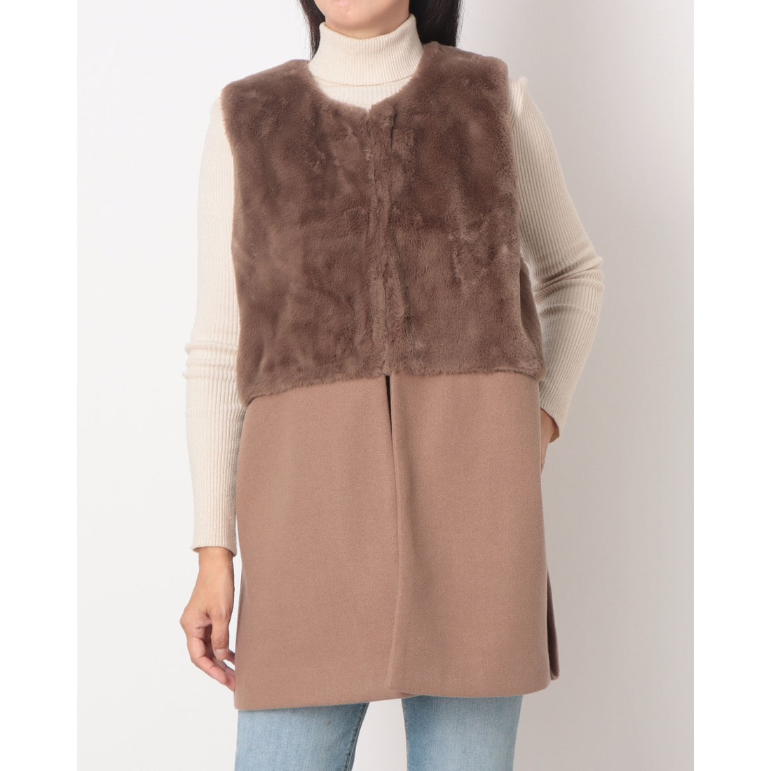 ラリベルテ Laliberte フェイクファー切替ロングジレ (モカ) モカ