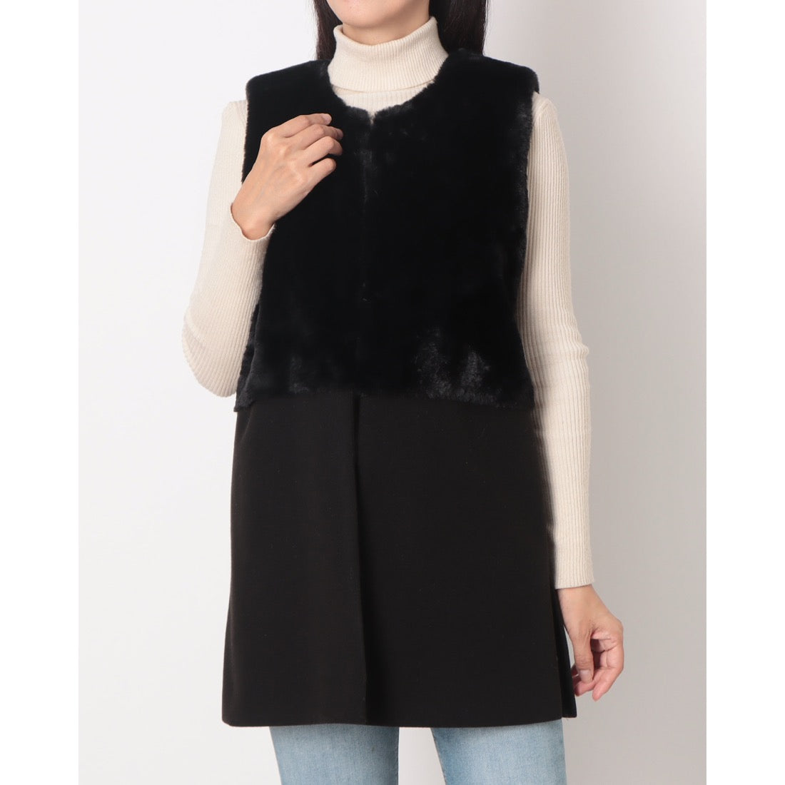 ラリベルテ Laliberte フェイクファー切替ロングジレ (クロ) クロ