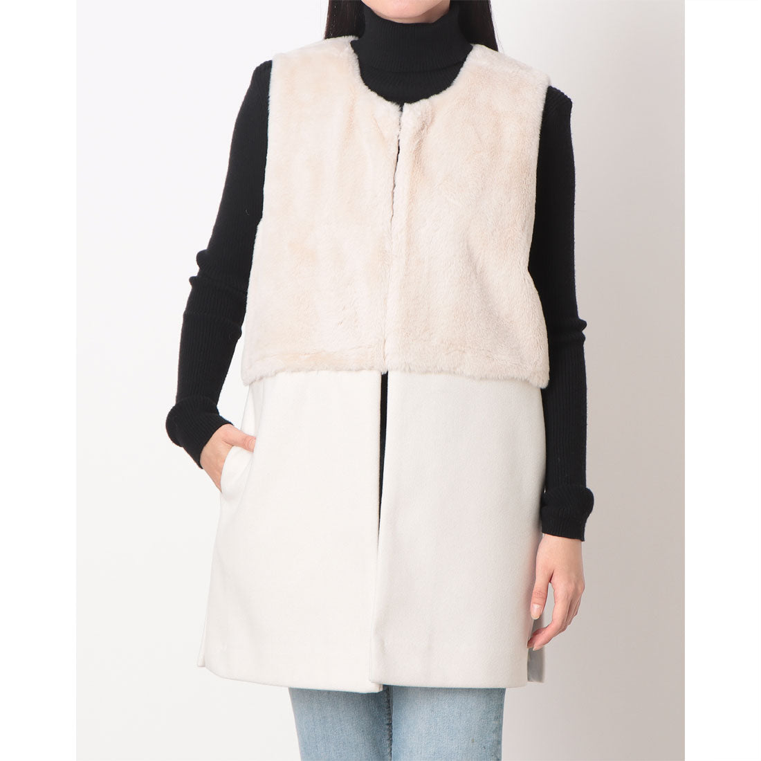 ラリベルテ Laliberte フェイクファー切替ロングジレ (アイボリー) アイボリー