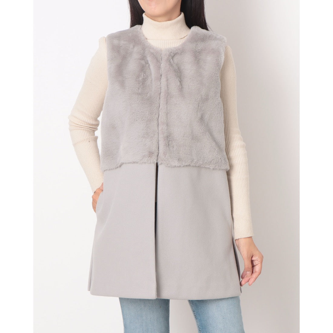 ラリベルテ Laliberte フェイクファー切替ロングジレ (グレー) グレー