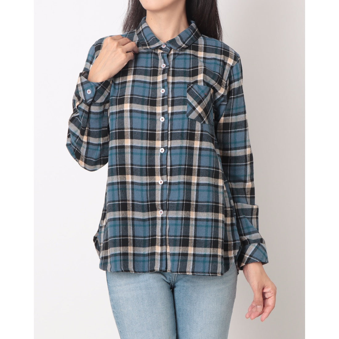 ラリベルテ Laliberte 丸襟シャツ (ブルー系格子) ブルー系格子
