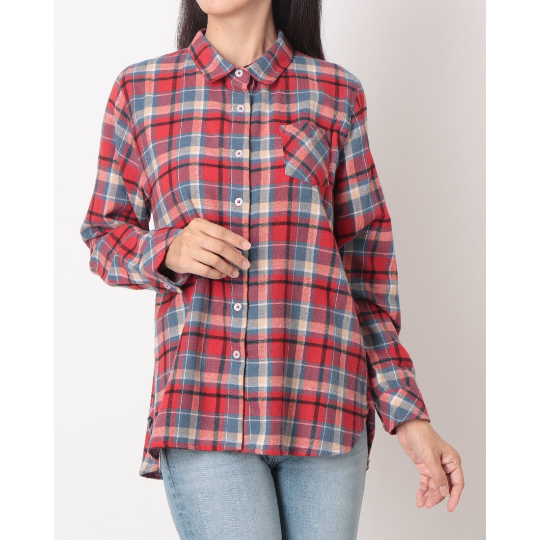 ラリベルテ Laliberte 丸襟シャツ (アカ系格子) アカ系格子