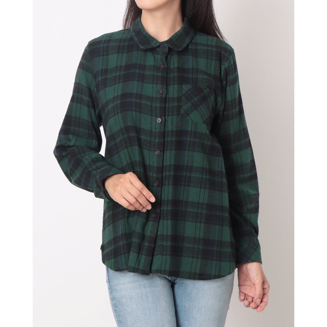 ラリベルテ Laliberte 丸襟シャツ (グリーン系格子) グリーン系格子