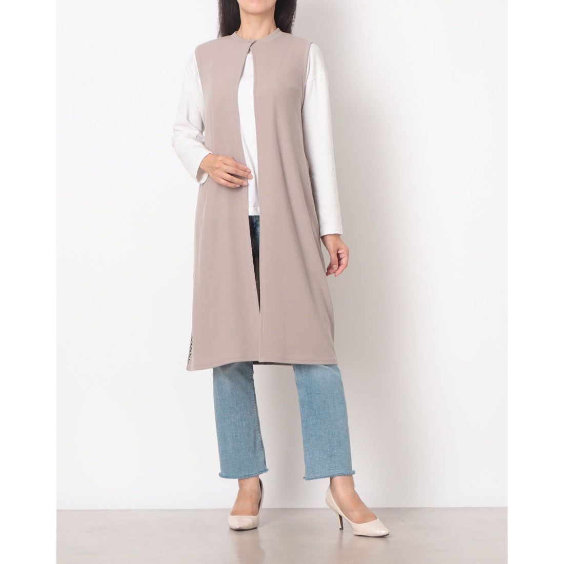 ラリベルテ Laliberte 無地×ストライププリーツニットロングジレ (ベージュ) ベージュ