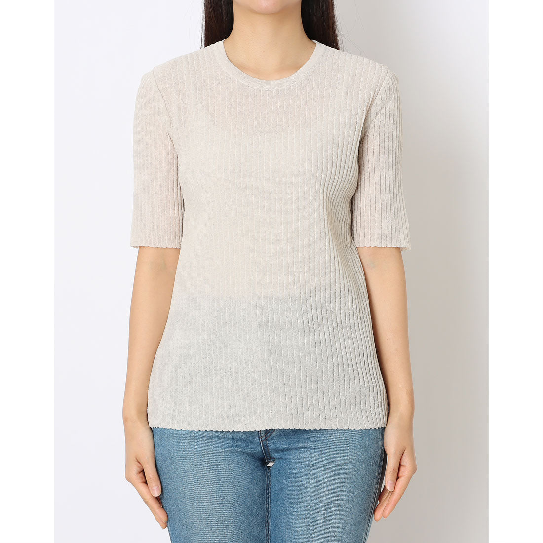 ルンビニ るんびに モンテ丸首ニットプルオーバー5分袖 (ミッドナイトブルー) ミッドナイトブルー