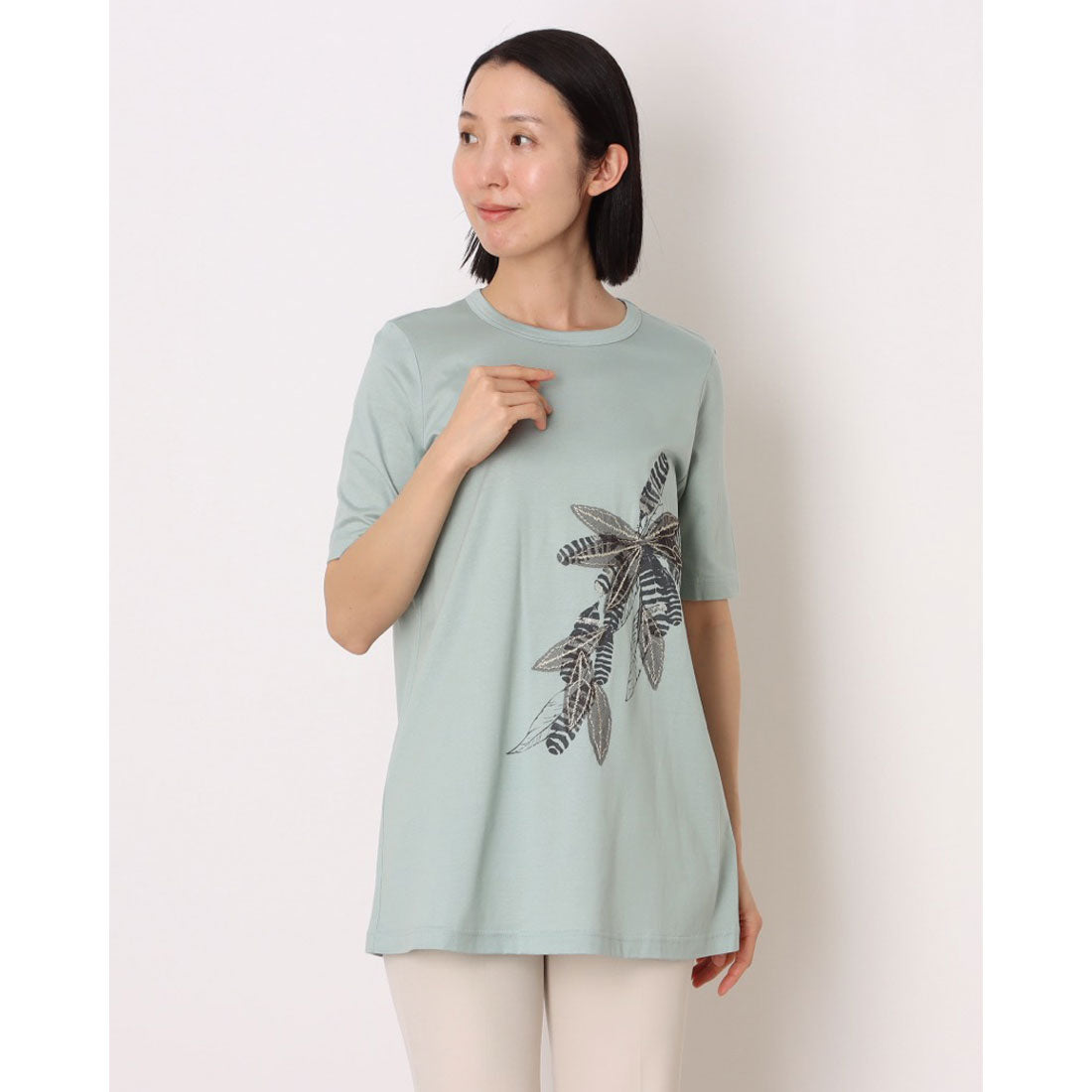 ルンビニ るんびに ペペロ丸首カットチュニック5分袖 (モスグリーン) モスグリーン