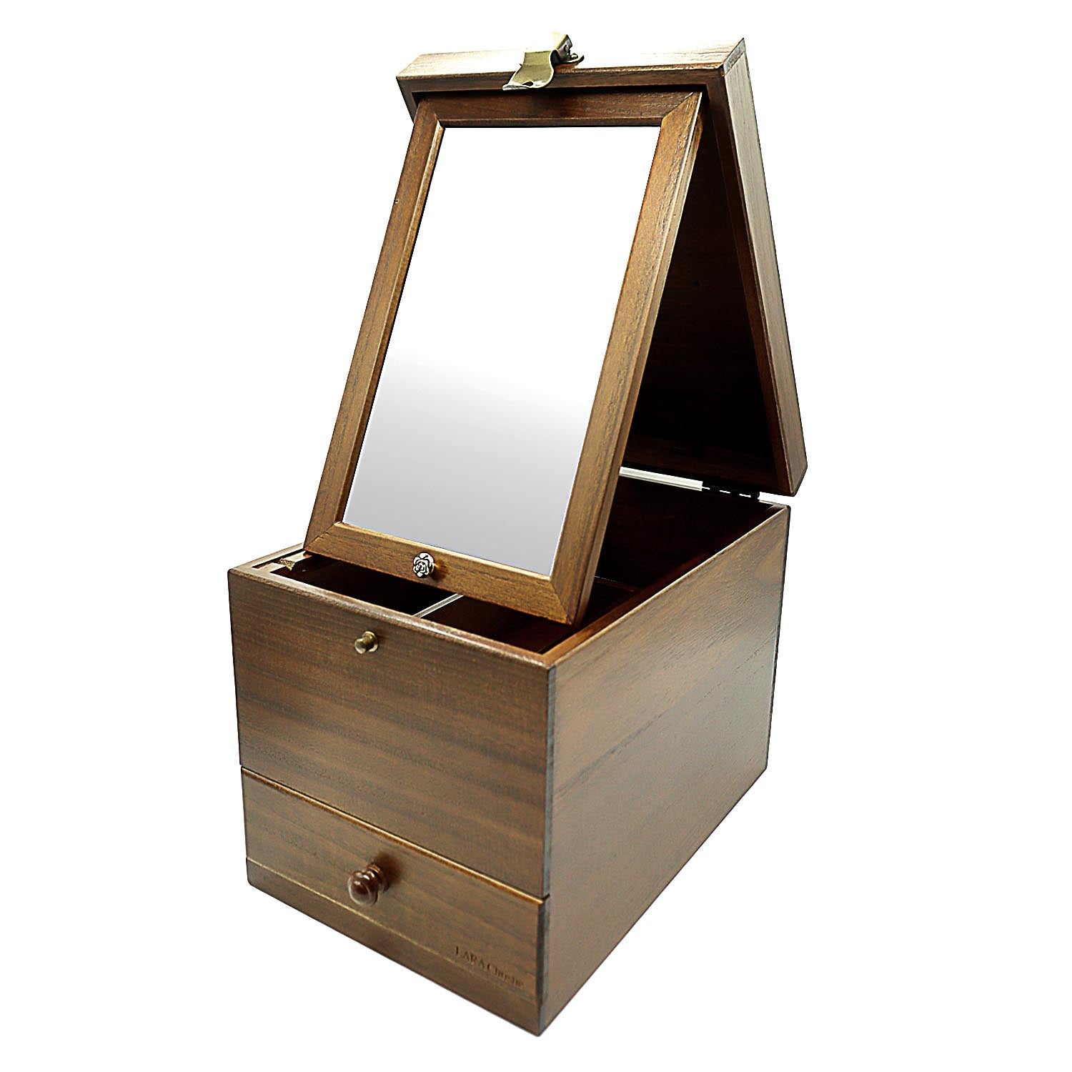 ララクリスティー LARA Christie メイクボックス 鏡付き 大容量 木製 持ち運び 化粧品 収納 リビング 3段 (ブラウン) ブラウン