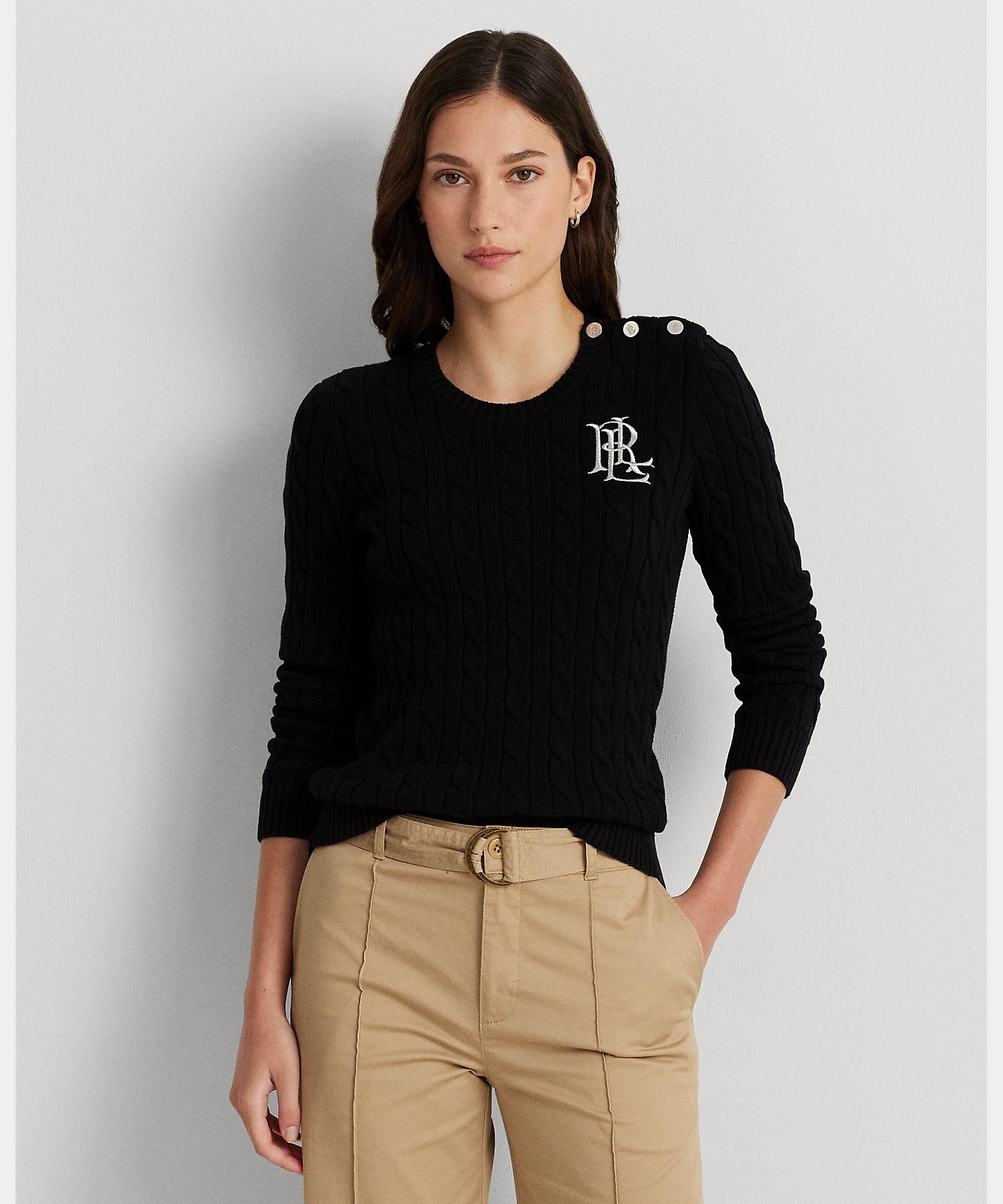 ローレン ラルフ ローレン LAUREN RALPH LAUREN ボタントリム ケーブルニット コットン セーター,001ブラック