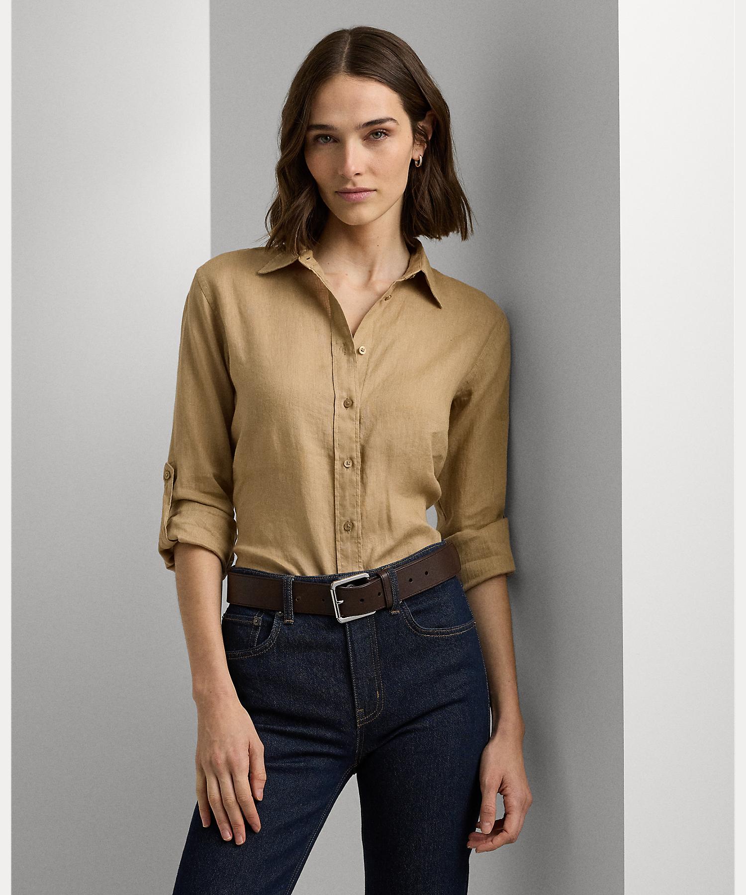 Lauren Ralph Lauren - Relaxed Fit Linen Shirt - Womens - Tan - Size Xxs, image size:1500x1800