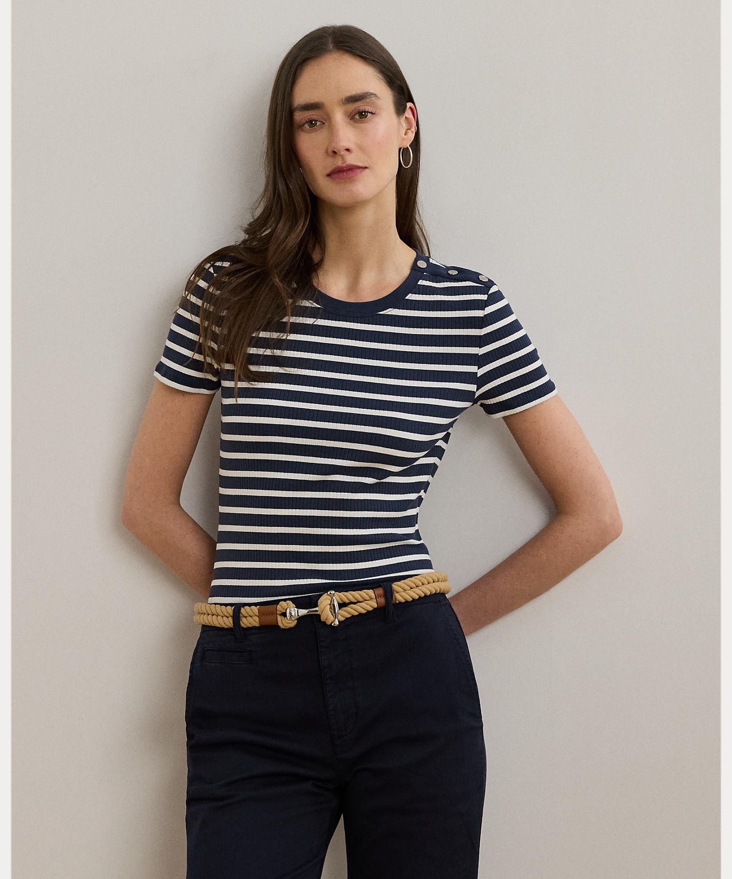 (取寄) ローレン ラルフローレン レディース ストライプド ボタン-トリム リブ-ニット ティー Lauren Ralph Lauren women Striped Button-trim Rib-knit Tee Lime Chartreuse/White Lauren Ralph Lauren Striped Button Trim Rib Knit T-Shirt