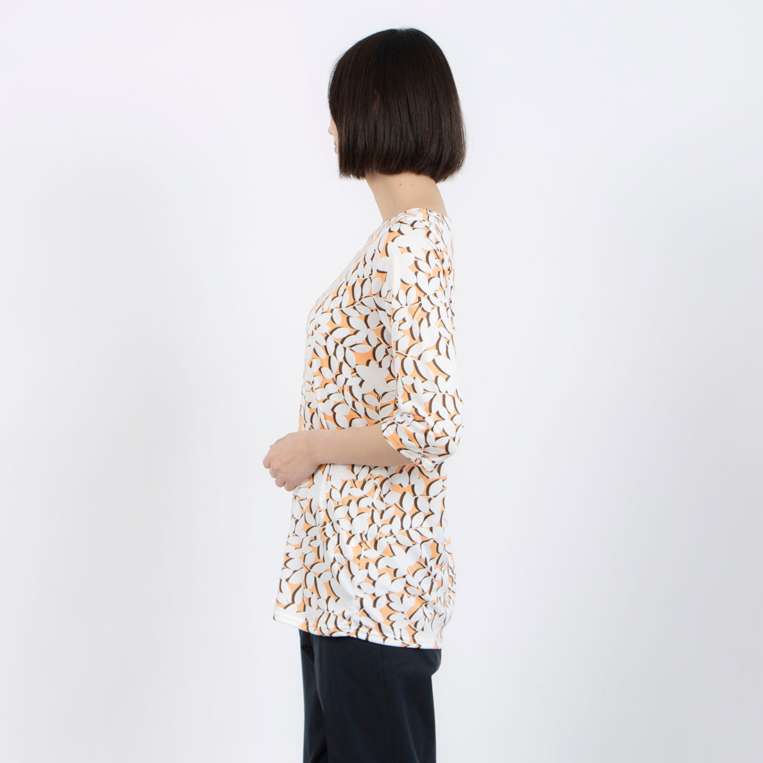 ジョコンダ ロイヤル JOCONDE ROYAL 【洗える】リーフ柄プリント チュニック丈七分袖カットソー (オレンジ) オレンジ