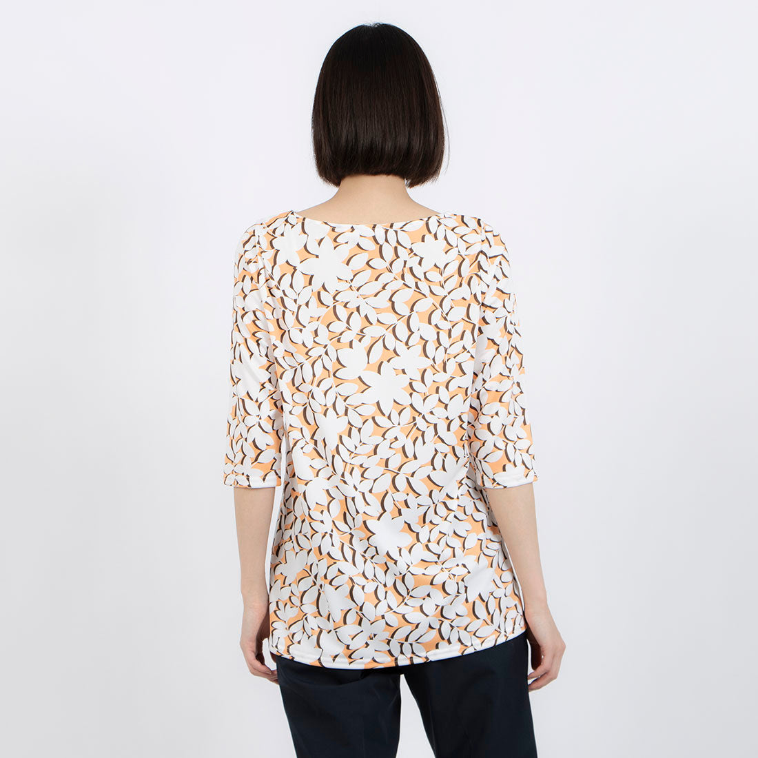 ジョコンダ ロイヤル JOCONDE ROYAL 【洗える】リーフ柄プリント チュニック丈七分袖カットソー (オレンジ) オレンジ