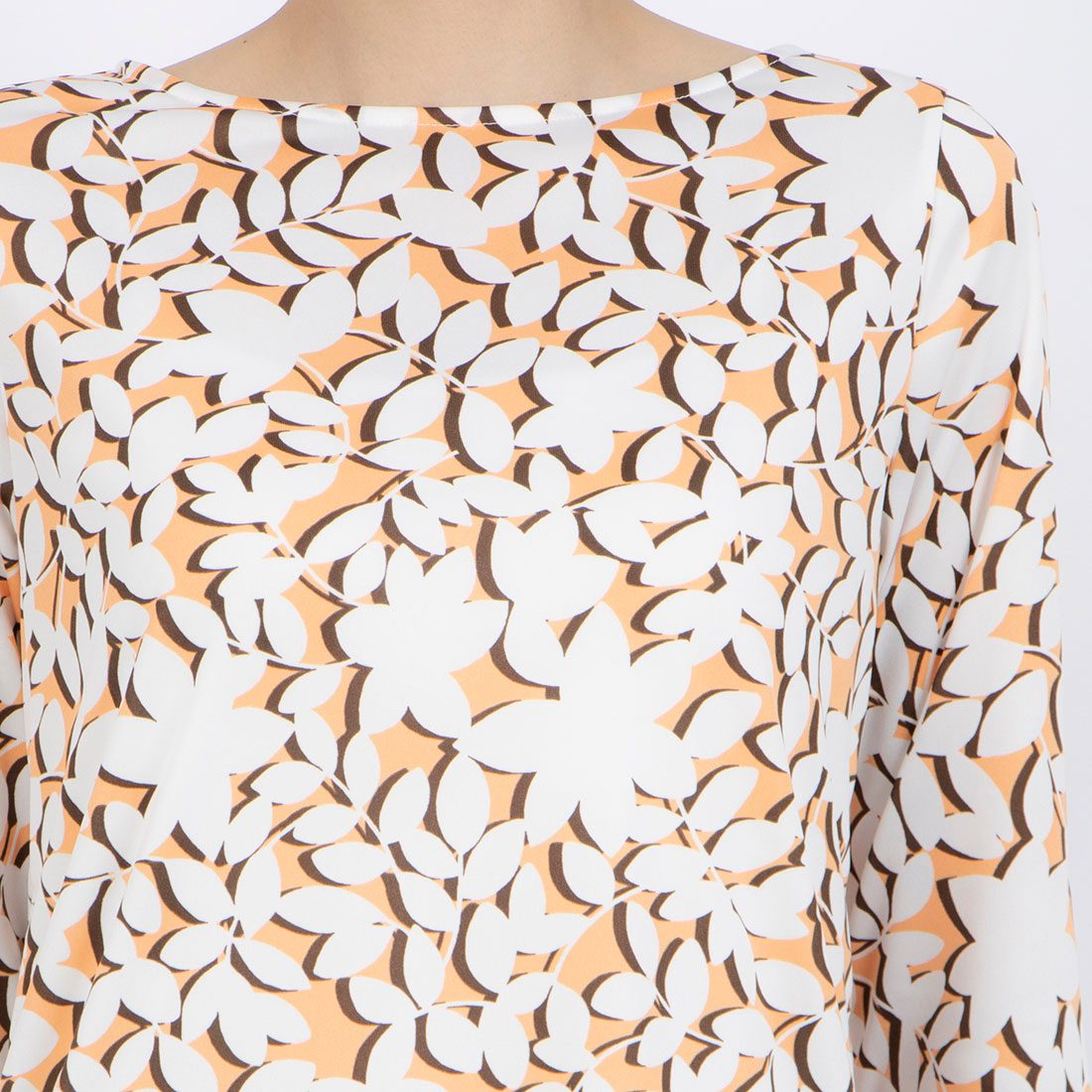 ジョコンダ ロイヤル JOCONDE ROYAL 【洗える】リーフ柄プリント チュニック丈七分袖カットソー (オレンジ) オレンジ
