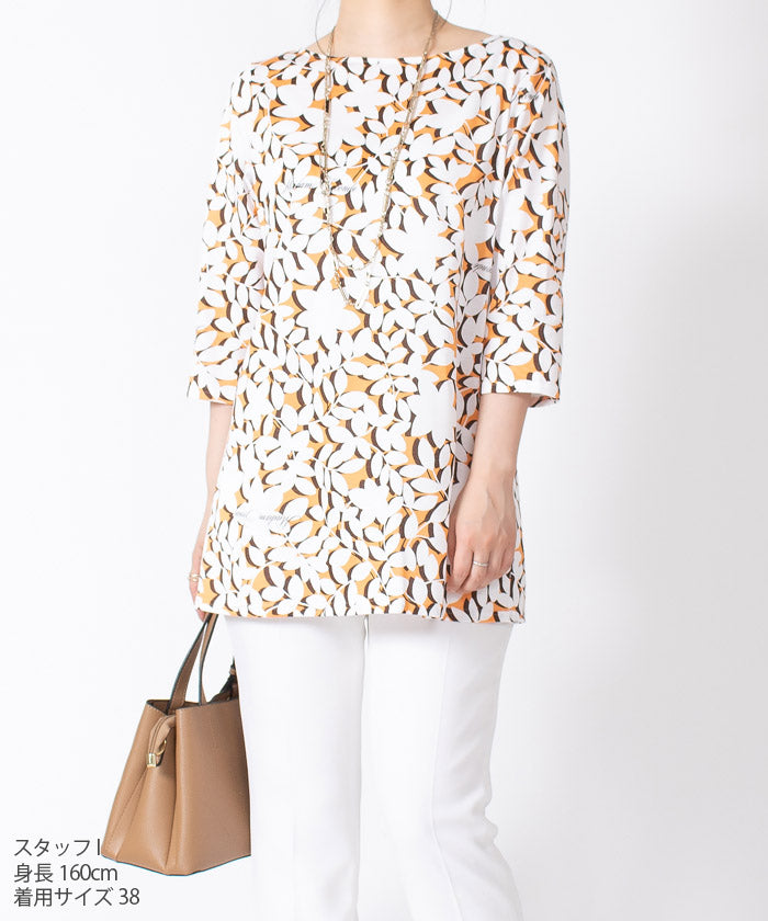 ジョコンダ ロイヤル JOCONDE ROYAL 【洗える】リーフ柄プリント チュニック丈七分袖カットソー (オレンジ) オレンジ