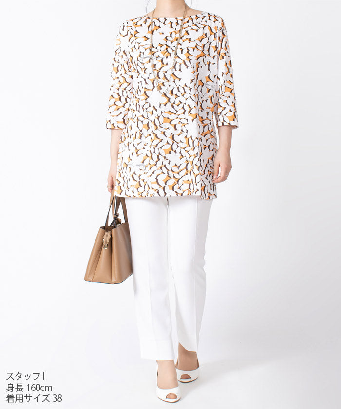 ジョコンダ ロイヤル JOCONDE ROYAL 【洗える】リーフ柄プリント チュニック丈七分袖カットソー (オレンジ) オレンジ