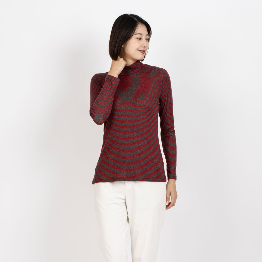 JOCONDEトップス La Joconde 【Washable】 High Neck Striped Cut and Sew Top
