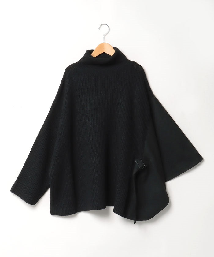 バイス バーサ VICE VERSA 【大きいサイズ】片畦×起毛素材ドッキング アシンメトリーポンチョ,ブラック