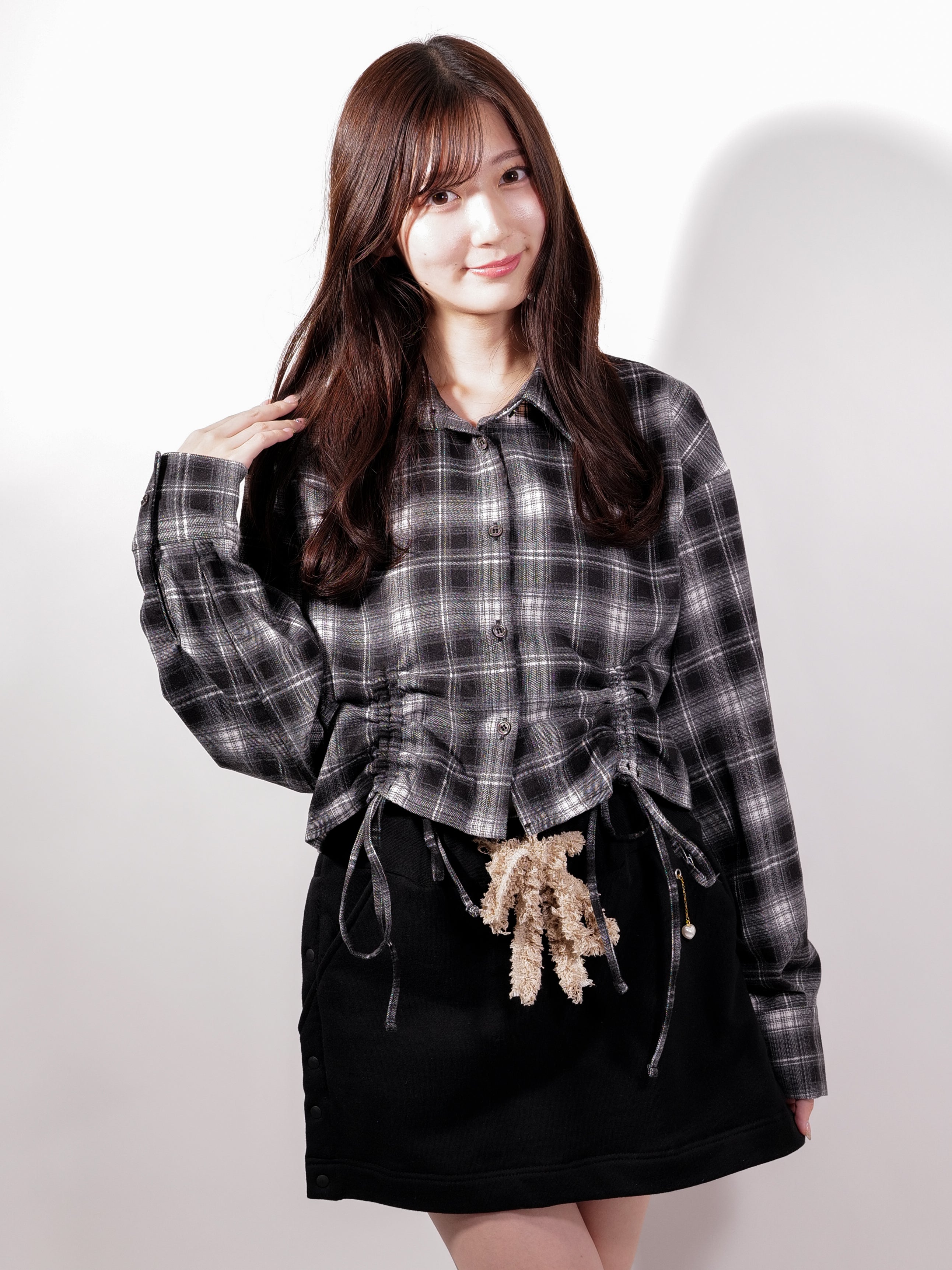 ラテラテ lattelatte ドローストリング クロップド ネルシャツ (ブラック) ブラック