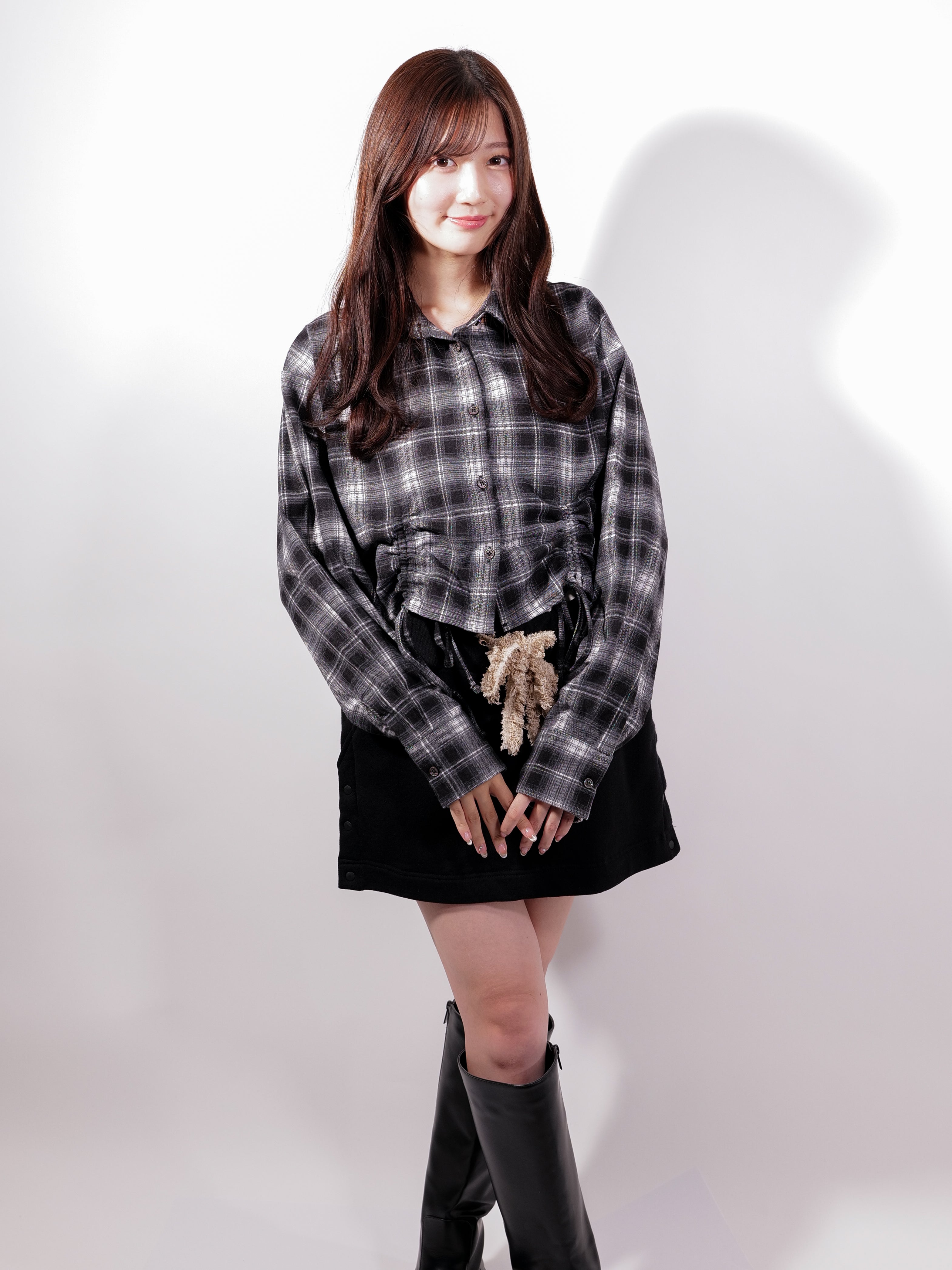 ラテラテ lattelatte ドローストリング クロップド ネルシャツ (ブラック) ブラック