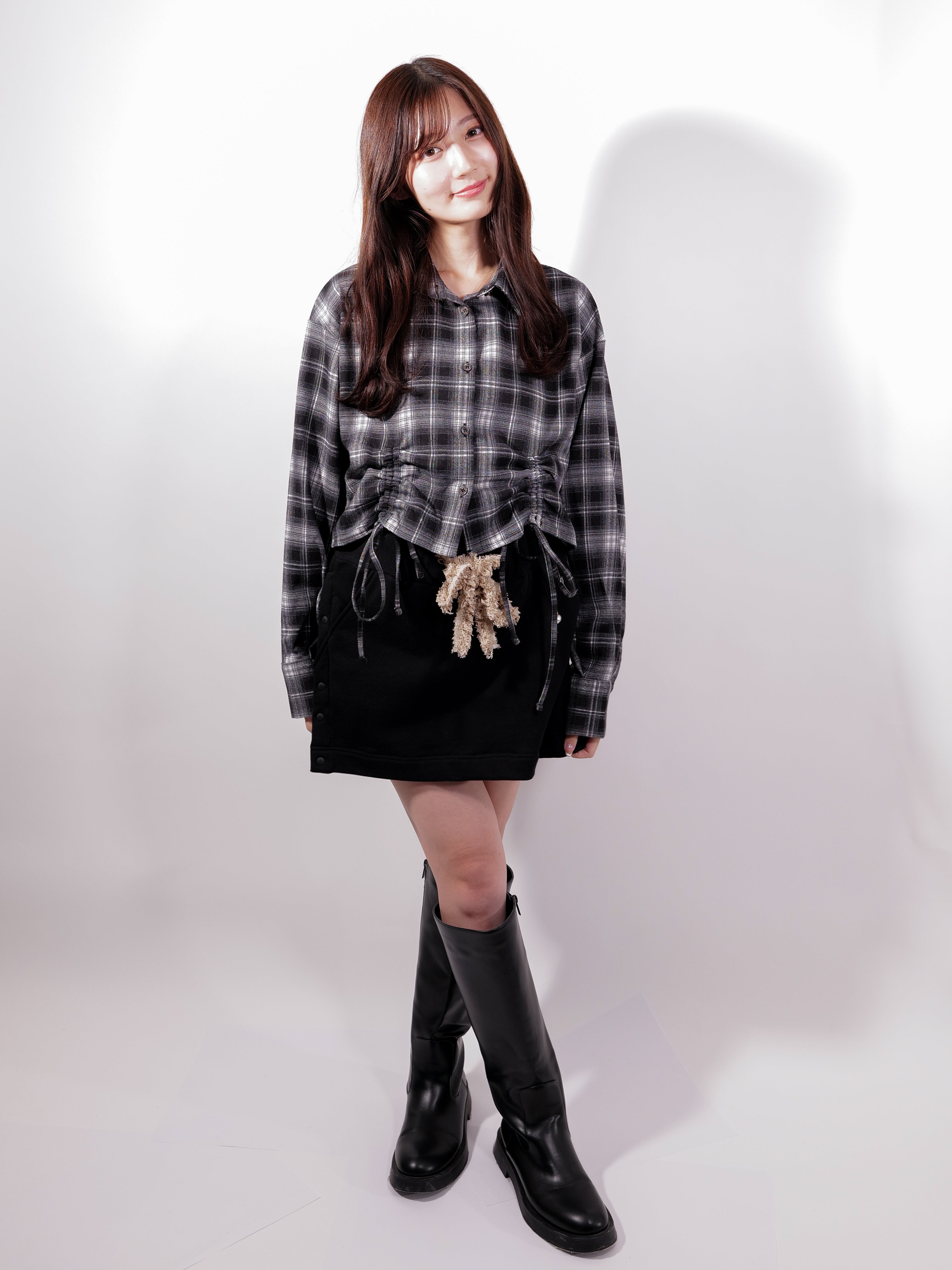 ラテラテ lattelatte ドローストリング クロップド ネルシャツ (ブラック) ブラック