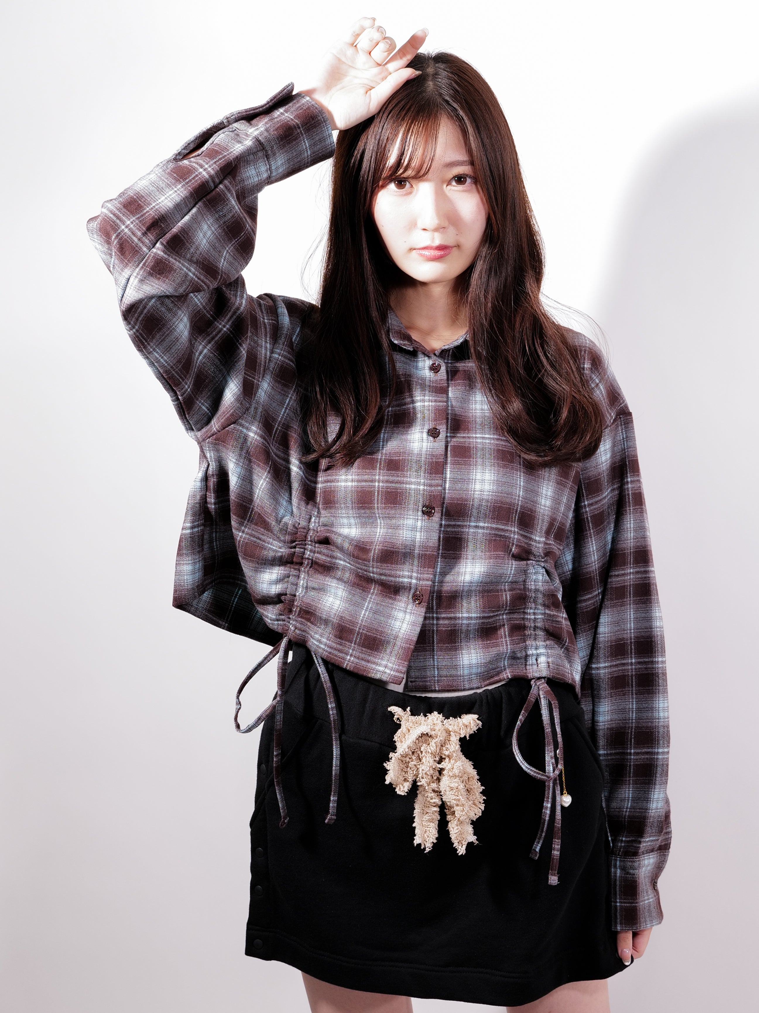 ラテラテ lattelatte ドローストリング クロップド ネルシャツ (ブラック) ブラック