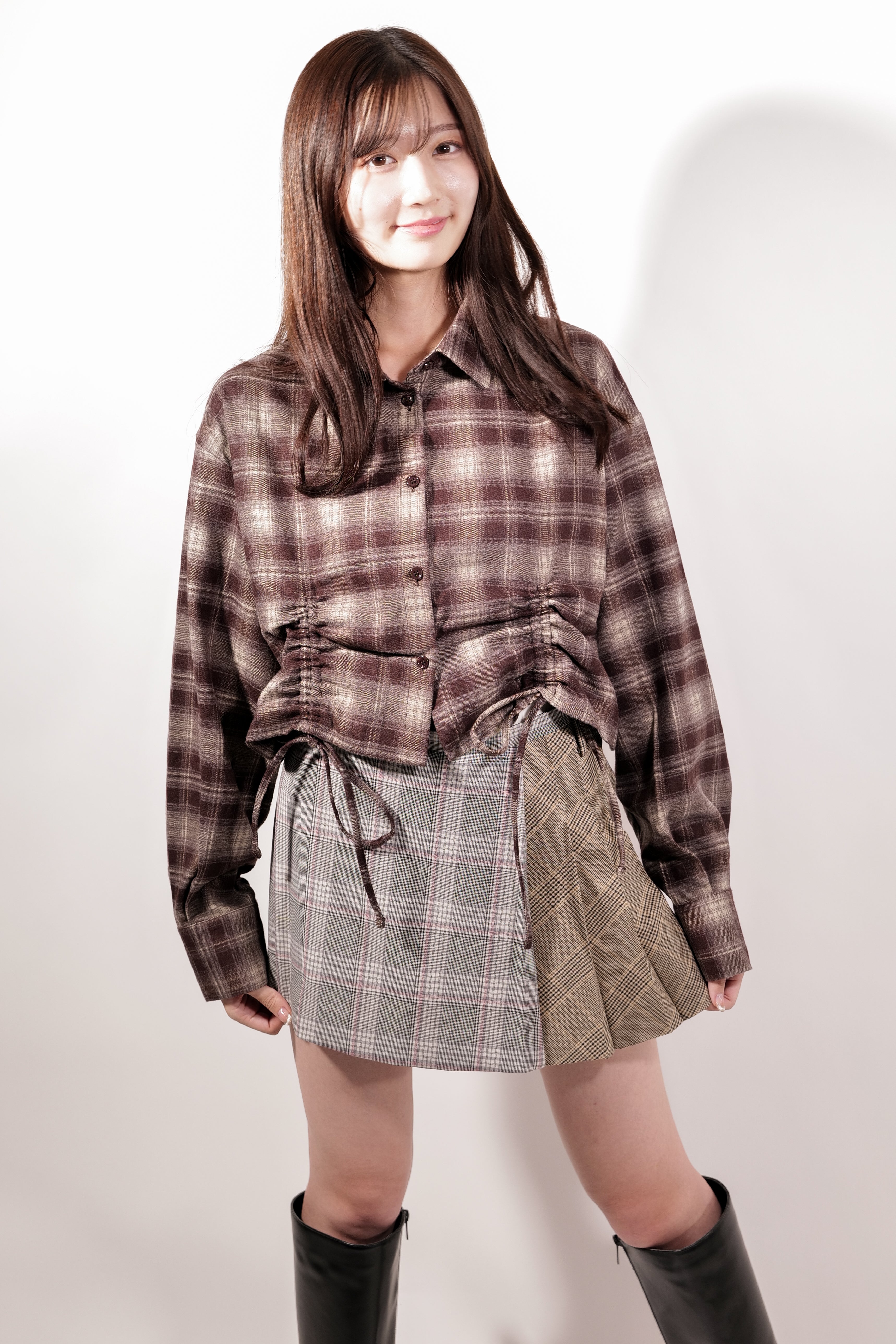 ラテラテ lattelatte ドローストリング クロップド ネルシャツ (ブラック) ブラック