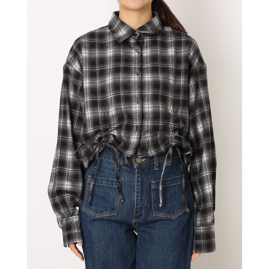 ラテラテ lattelatte ドローストリング クロップド ネルシャツ (ブラック) ブラック