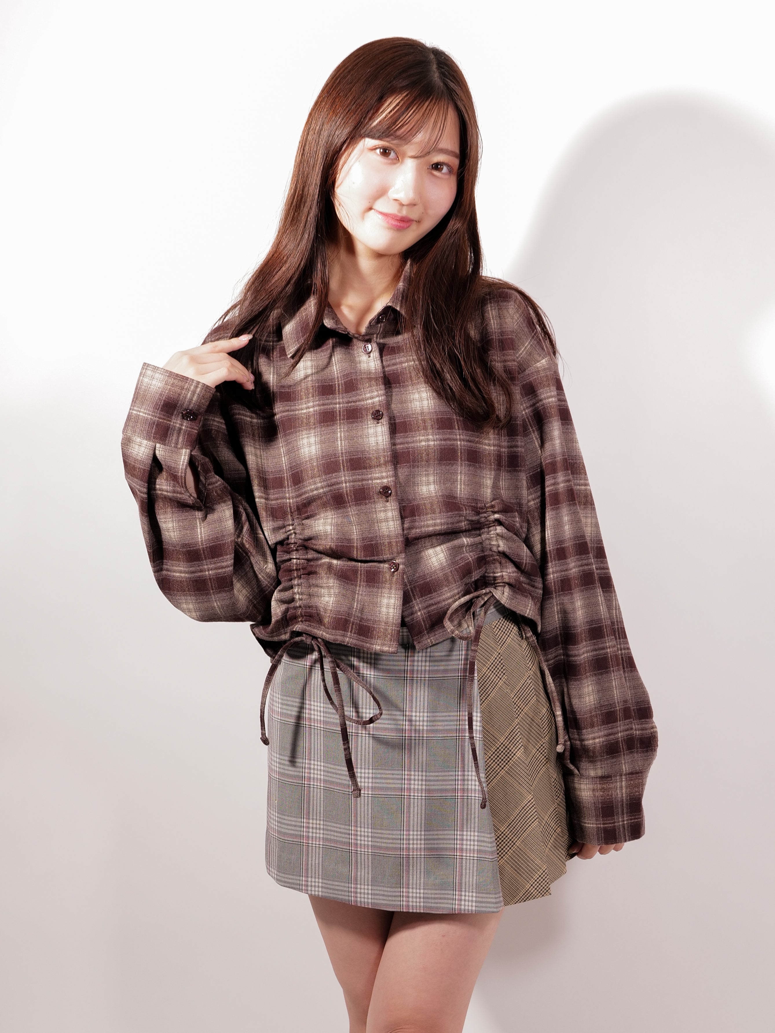 ラテラテ lattelatte ドローストリング クロップド ネルシャツ (ブラック) ブラック