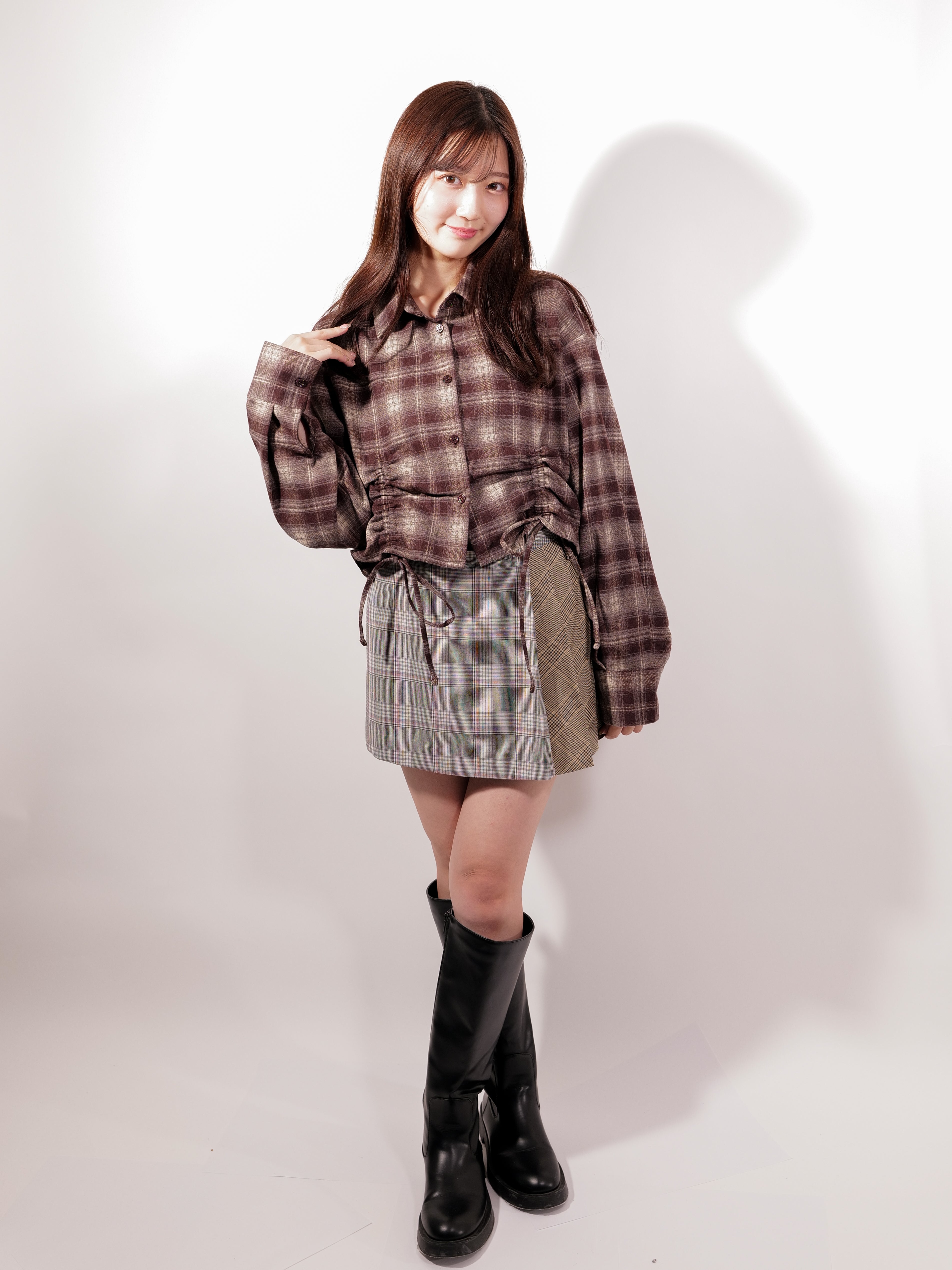 ラテラテ lattelatte ドローストリング クロップド ネルシャツ (ブラック) ブラック